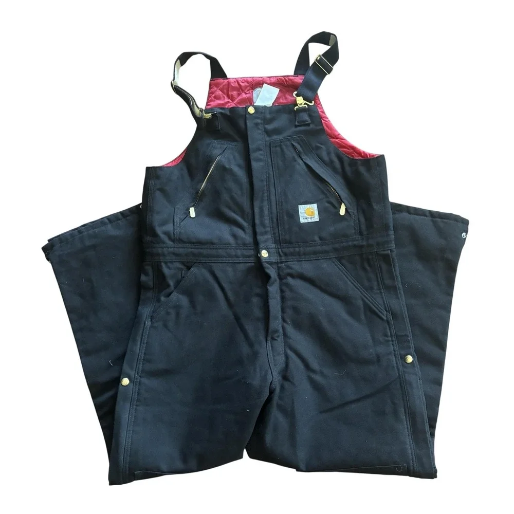 Carhartt Bib Overalls Mens 36x30 Black R38 Duck Insulated Quilt Lined Workwear